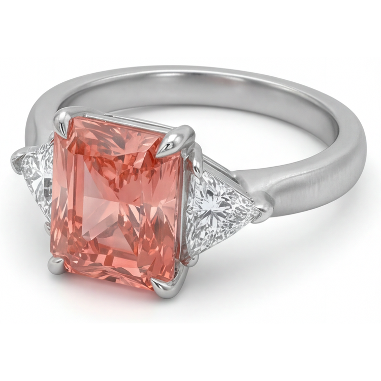 Bague trois pierres en or 14 carats avec saphir padparadscha véritable taille radiant de 2,9 carats et trilliants blancs