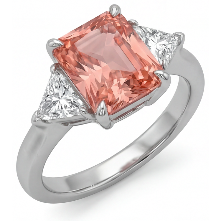 Bague trois pierres en or 14 carats avec saphir padparadscha véritable taille radiant de 2,9 carats et trilliants blancs