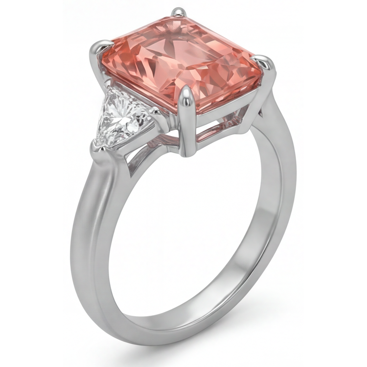 Bague cathédrale trois pierres en or 14 carats avec saphir Padparadscha véritable couleur pêche taille radiant de 3,4 carats et trilliants blancs