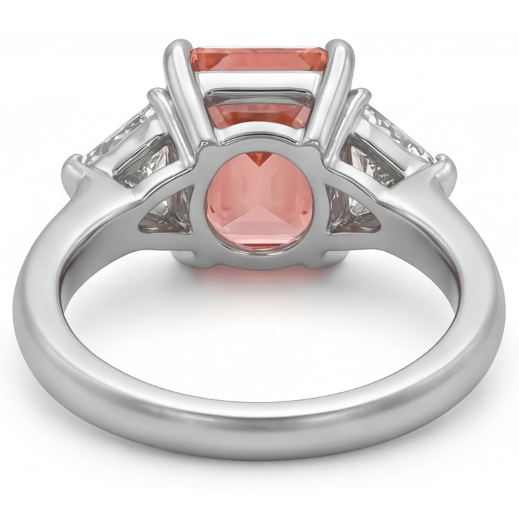 Bague trois pierres en or 14 carats avec saphir padparadscha véritable taille radiant de 2,9 carats et trilliants blancs