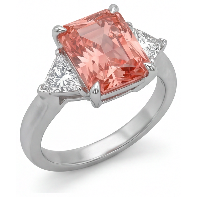 Bague cathédrale trois pierres en or 14 carats avec véritable saphir Padparadscha couleur pêche de 3,4 carats taille radiant et trilliants blancs