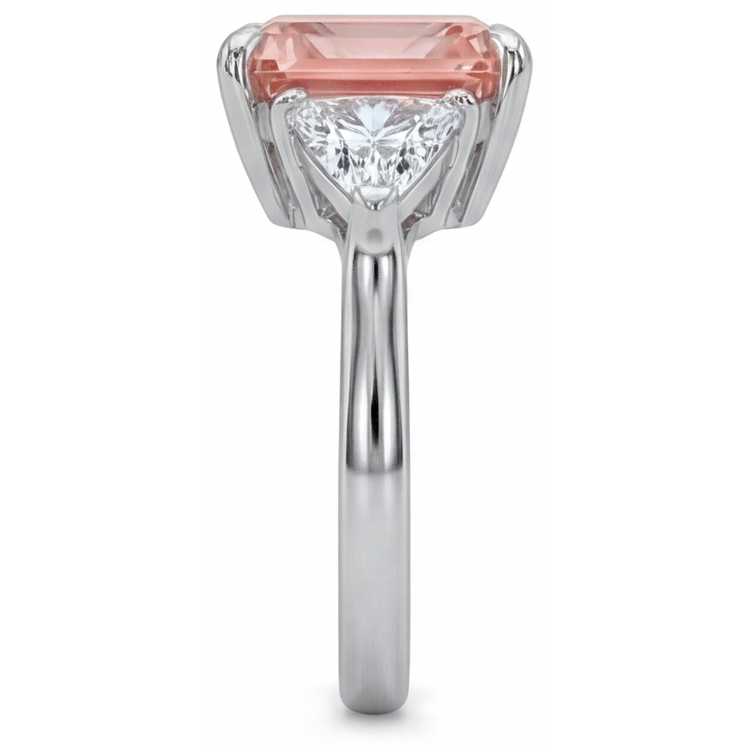 Bague de Fiançailles Trois Pierres en Or 14K Lisse avec Véritable Saphir Padparadscha Pêche Taille Radiante 2,9 Carats et Trilliants Blancs