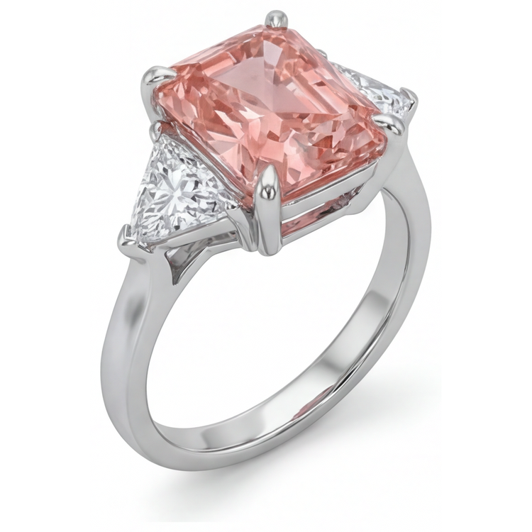 Bague de Fiançailles Trois Pierres en Or 14K Lisse avec Véritable Saphir Padparadscha Pêche Taille Radiante 2,9 Carats et Trilliants Blancs