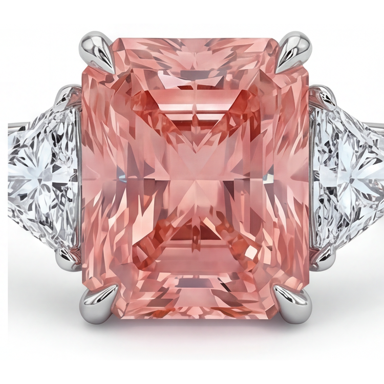 Bague de Fiançailles Trois Pierres en Or 14 Carats Simple, Véritable Saphir Padparadscha Pêche Taille Radiant 2,9 Carats et Trilliants Blancs
