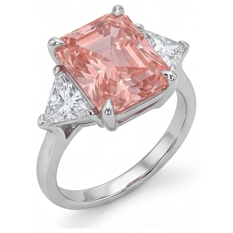 Bague de Fiançailles Trois Pierres en Or 14 Carats Simple, Véritable Saphir Padparadscha Pêche Taille Radiant 2,9 Carats et Trilliants Blancs