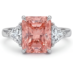 Bague de Fiançailles Trois Pierres en Or 14K Lisse avec Véritable Saphir Padparadscha Pêche Taille Radiante 2,9 Carats et Trilliants Blancs