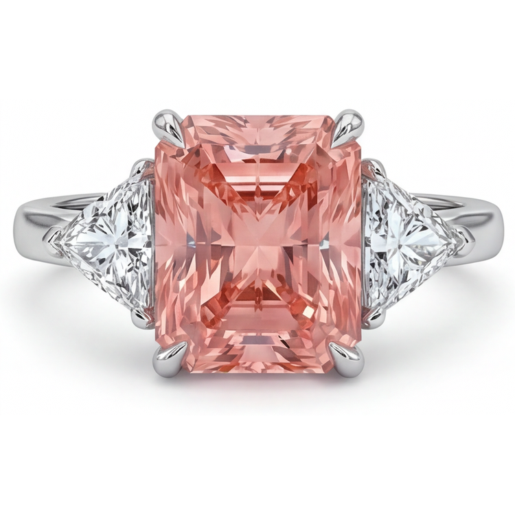 Bague de Fiançailles Trois Pierres en Or 14K Lisse avec Véritable Saphir Padparadscha Pêche Taille Radiante 2,9 Carats et Trilliants Blancs