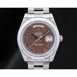 Rolex 41 mm Day-Date II 218239 Cadran Chocolat Chiffres Romains Bracelet President en Or Blanc 18 Carats