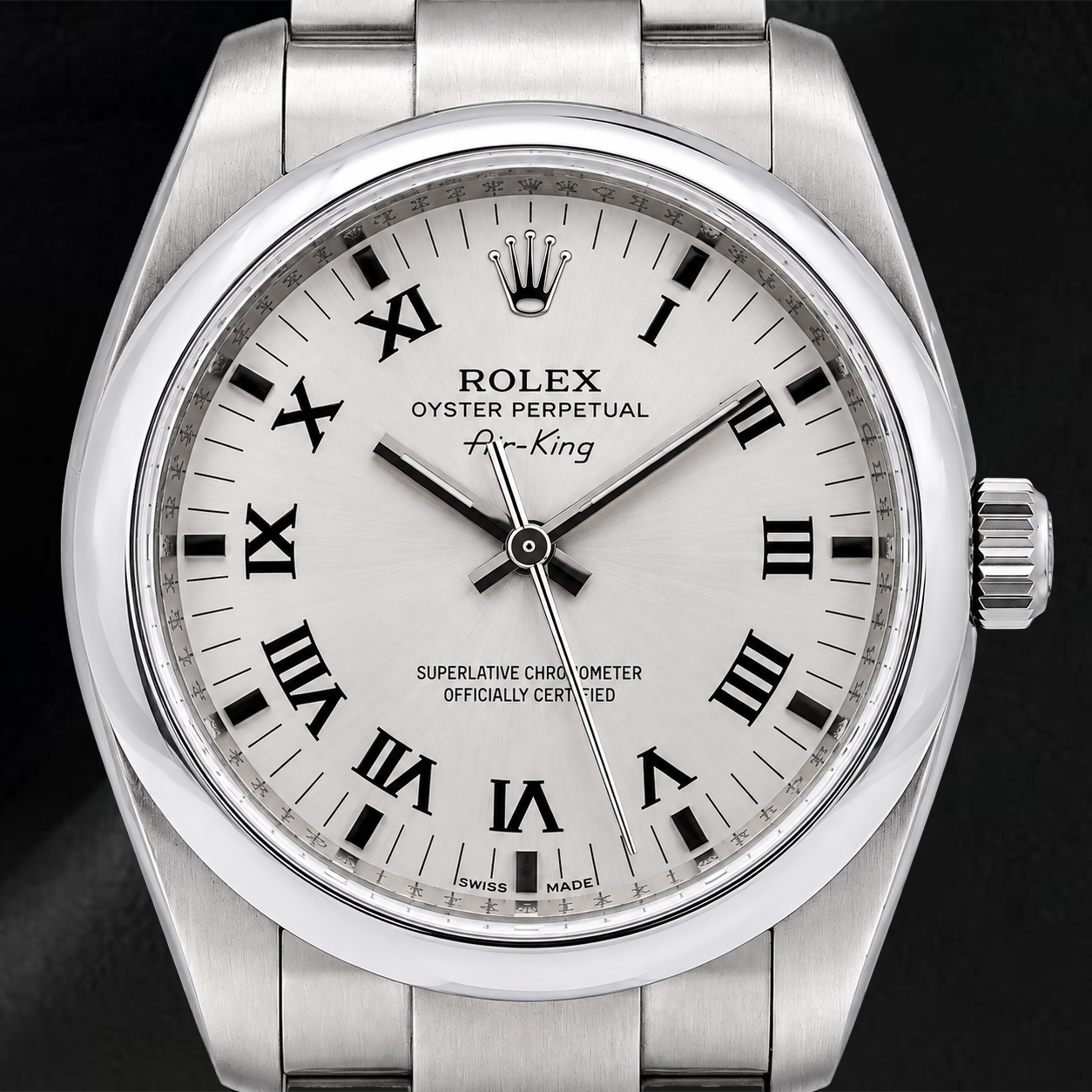 Rolex Air-King 34 mm 114200 Montre en Acier Inoxydable Cadran Argenté à Chiffres Romains Bracelet Oyster