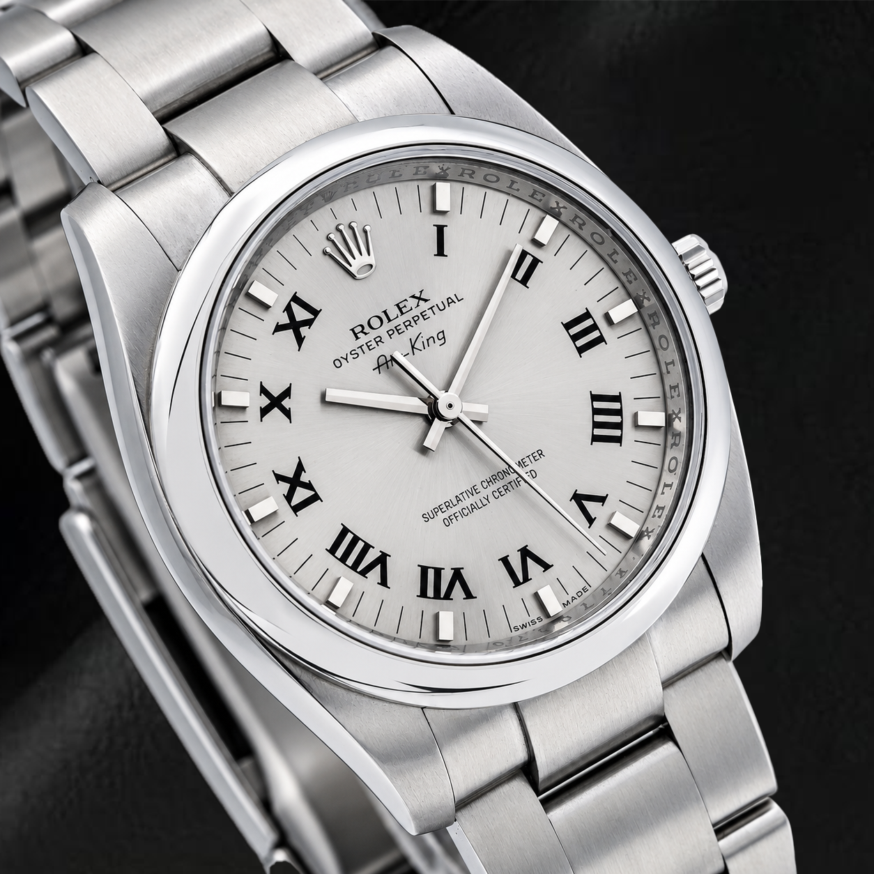 Rolex Air-King 34 mm 114200 Montre en Acier Inoxydable Cadran Argenté à Chiffres Romains Bracelet Oyster