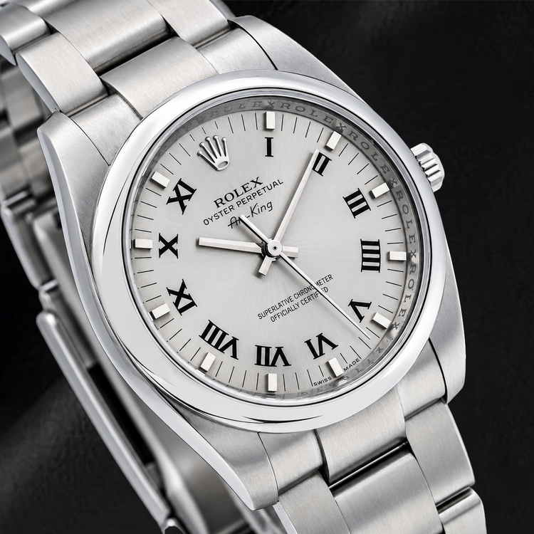 Rolex Air-King 34 mm 114200 Montre en Acier Inoxydable Cadran Argenté à Chiffres Romains Bracelet Oyster