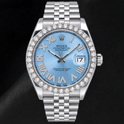 Rolex Datejust 116234 36 mm Montre en Acier Inoxydable Cadran Diamants Bleu Glacier Chiffres Romains