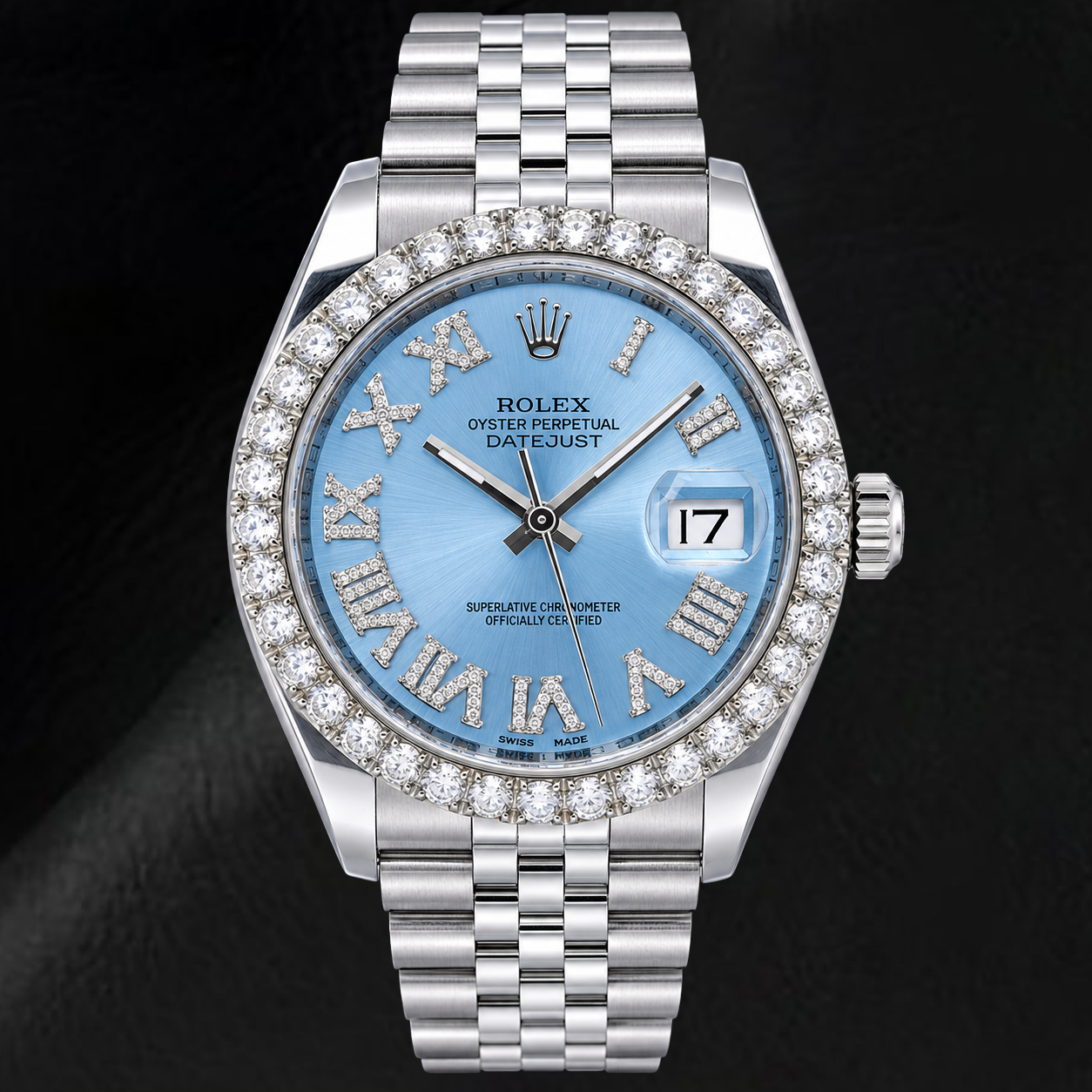 Rolex Datejust 116234 36 mm Montre en Acier Inoxydable Cadran Diamants Bleu Glacier Chiffres Romains