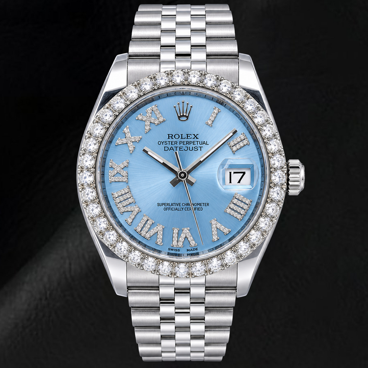 Rolex Datejust 116234 36 mm Montre en Acier Inoxydable Cadran Diamants Bleu Glacier Chiffres Romains