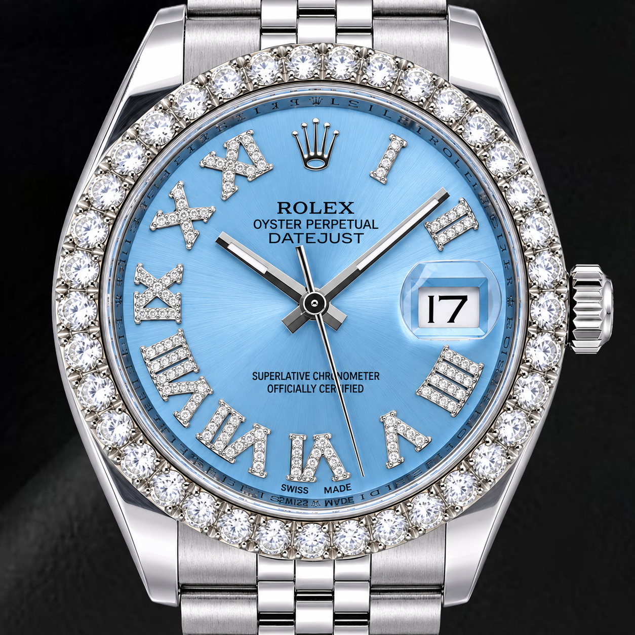 Rolex Datejust 116234 36 mm Montre en Acier Inoxydable Cadran Diamants Bleu Glacier Chiffres Romains