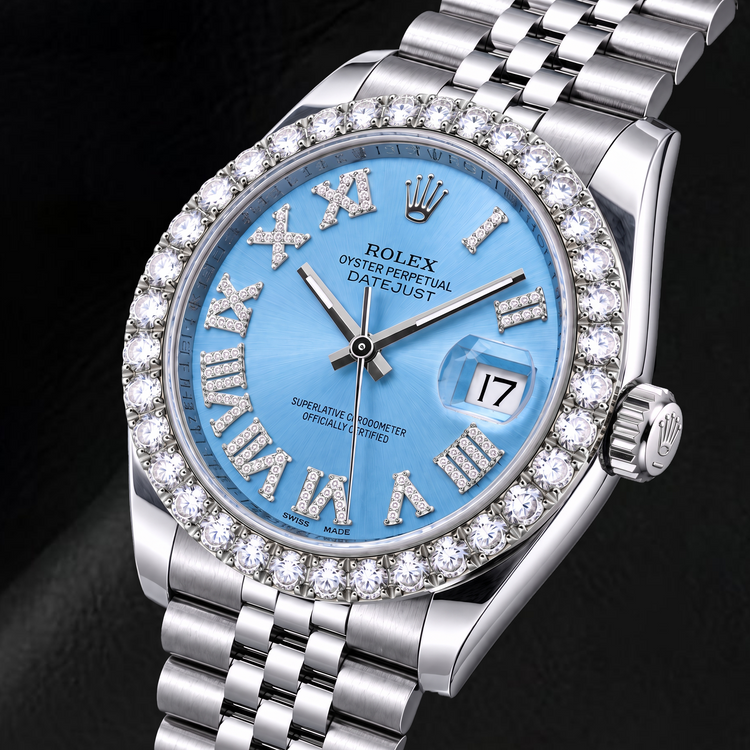 Rolex Datejust 116234 36 mm Montre en Acier Inoxydable Cadran Diamants Bleu Glacier Chiffres Romains