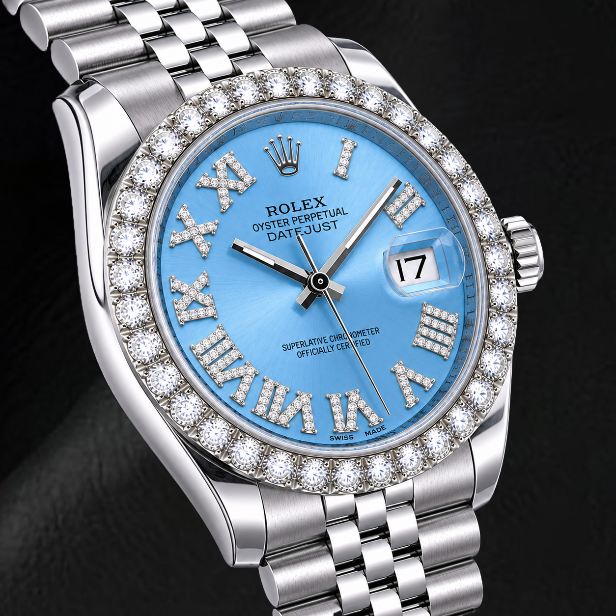 Rolex Datejust 116234 36 mm Montre en Acier Inoxydable Cadran Diamants Bleu Glacier Chiffres Romains