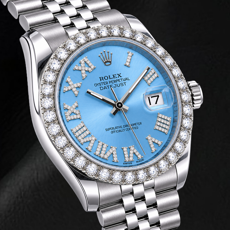 Rolex Datejust 116234 36 mm Montre en Acier Inoxydable Cadran Diamants Bleu Glacier Chiffres Romains