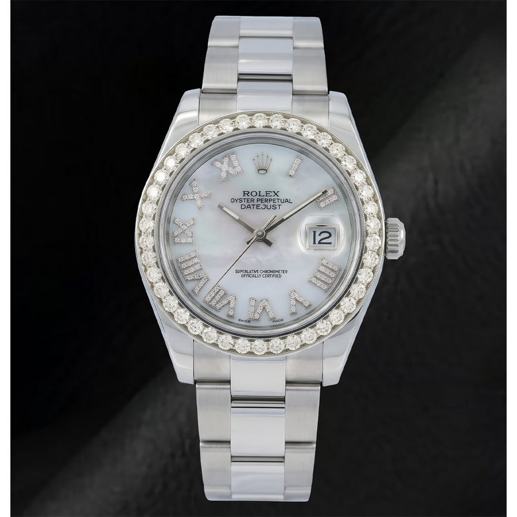 Rolex Datejust 116300 41 mm Montre en Acier Inoxydable avec Cadran Diamants en Nacre Blanche et Chiffres Romains