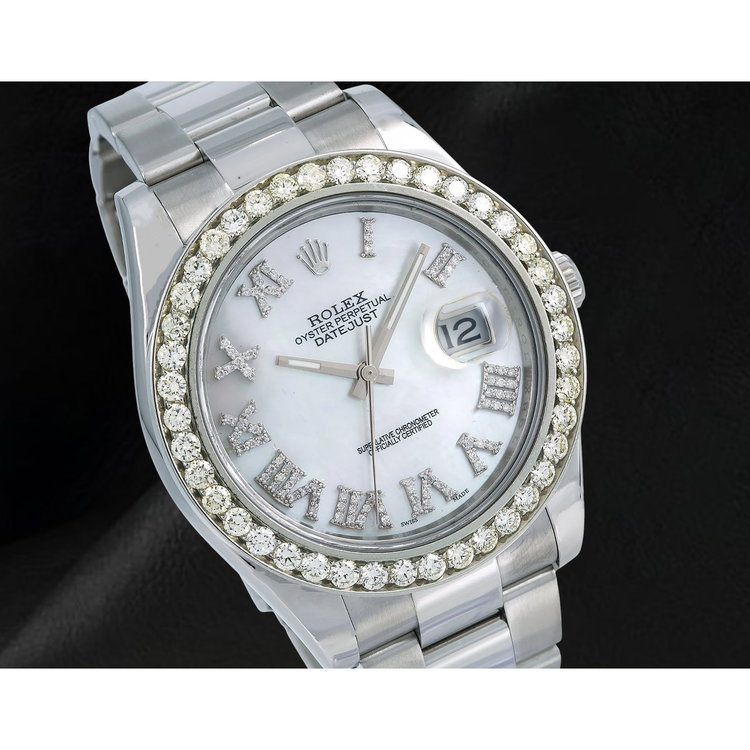 Rolex Datejust 116300 41 mm Montre en Acier Inoxydable avec Cadran Diamants en Nacre Blanche et Chiffres Romains