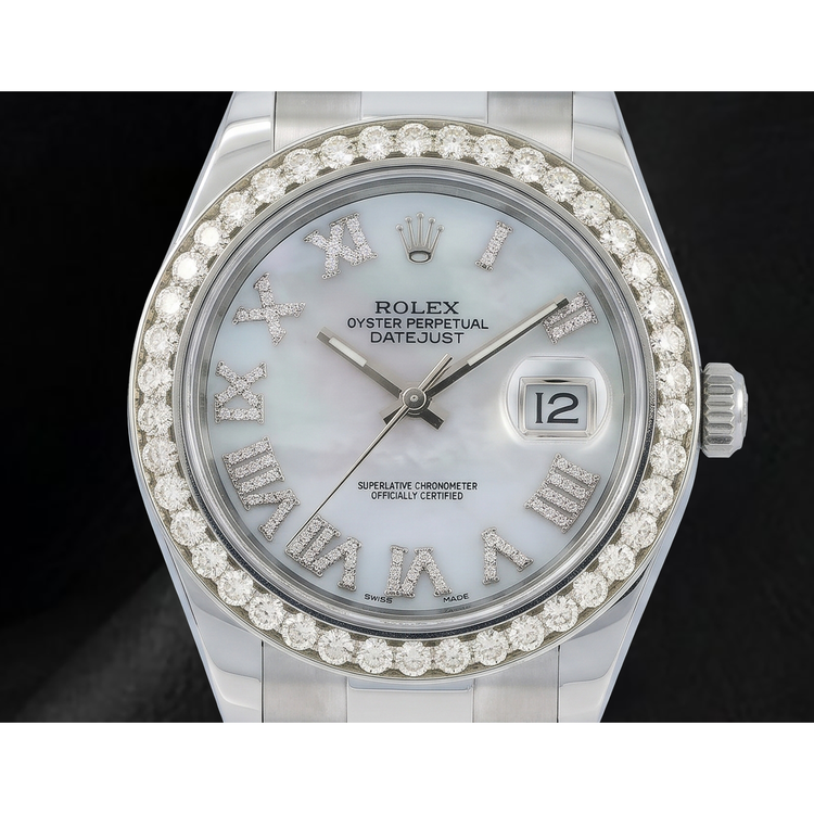 Rolex Datejust 116300 41 mm Montre en Acier Inoxydable avec Cadran Diamants en Nacre Blanche et Chiffres Romains
