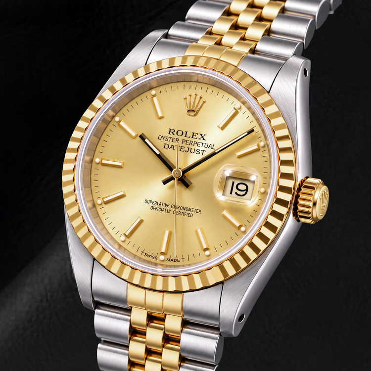Rolex Datejust 16233 36 mm Montre Bicolore Cadran Champagne à Index Bâtons