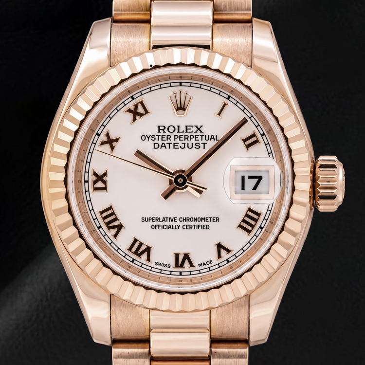 Rolex Datejust 179175 26 mm Montre en Or Rose Cadran Rose à Chiffres Romains