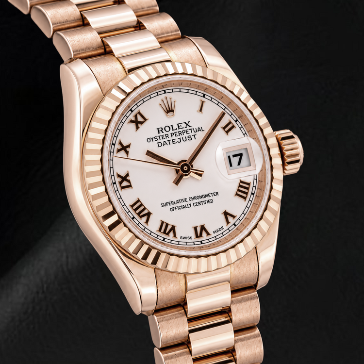 Rolex Datejust 179175 26 mm Montre en Or Rose Cadran Rose à Chiffres Romains