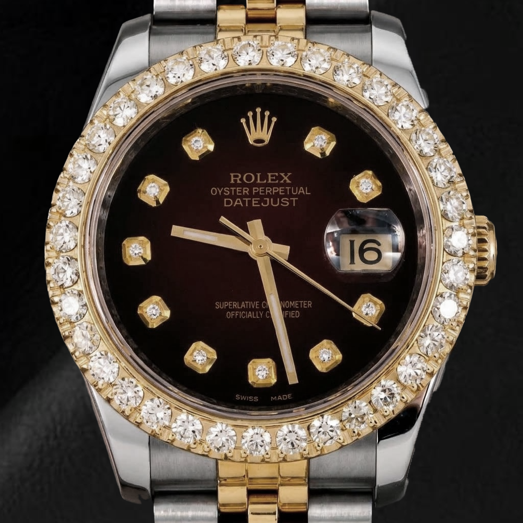 Rolex Datejust 36 mm 116233 Montre Bicolore Cadran Diamants Rouge Lunette Diamants