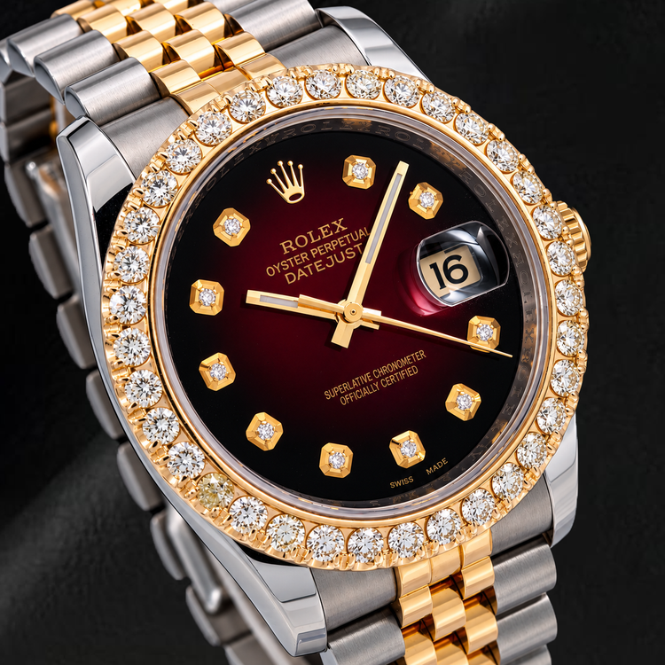 Rolex Datejust 36 mm 116233 Montre Bicolore Cadran Diamants Rouge Lunette Diamants