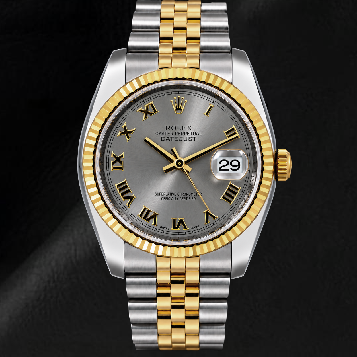 Rolex Datejust 36 mm 116233 Montre Cadran Gris à Chiffres Romains Lunette Cannelée Bicolore Bracelet Jubilé