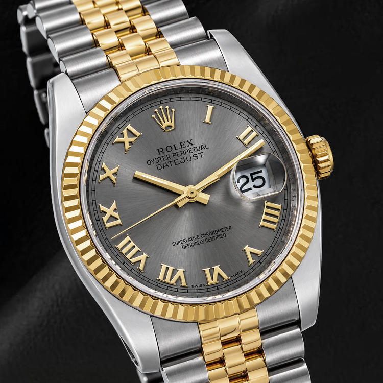 Rolex Datejust 36 mm 116233 Montre Cadran Gris à Chiffres Romains Lunette Cannelée Bicolore Bracelet Jubilé