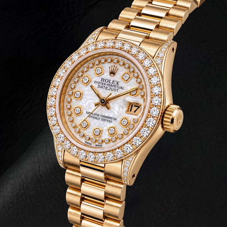 Rolex Datejust 6917 26 mm Montre en Or Jaune Cadran Diamants en Nacre Blanche avec Filet de Diamants