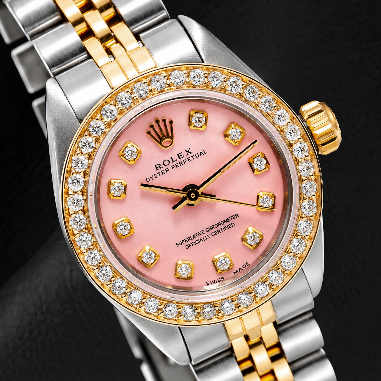 Rolex Oyster Perpetual 67193 26 mm Cadran Diamants Rose Bicolore Bracelet Jubilé