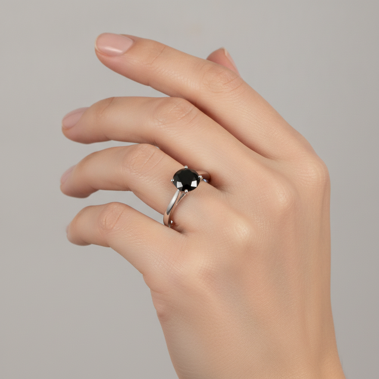 Bague solitaire cathédrale ronde en diamant noir véritable 3,5 carats en Or Blanc 14 carats New York