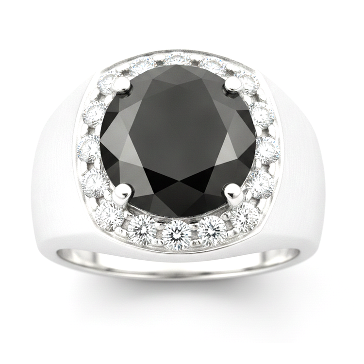 Alliance en diamant noir rond naturel de 6,75 carats avec Halo en Or Blanc 14 carats
