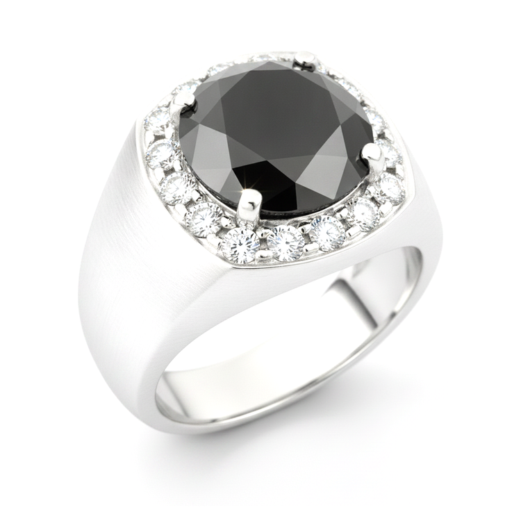 Alliance en Or Blanc 14 carats avec Diamant Noir Naturel Rond Halo 6,75 Carats