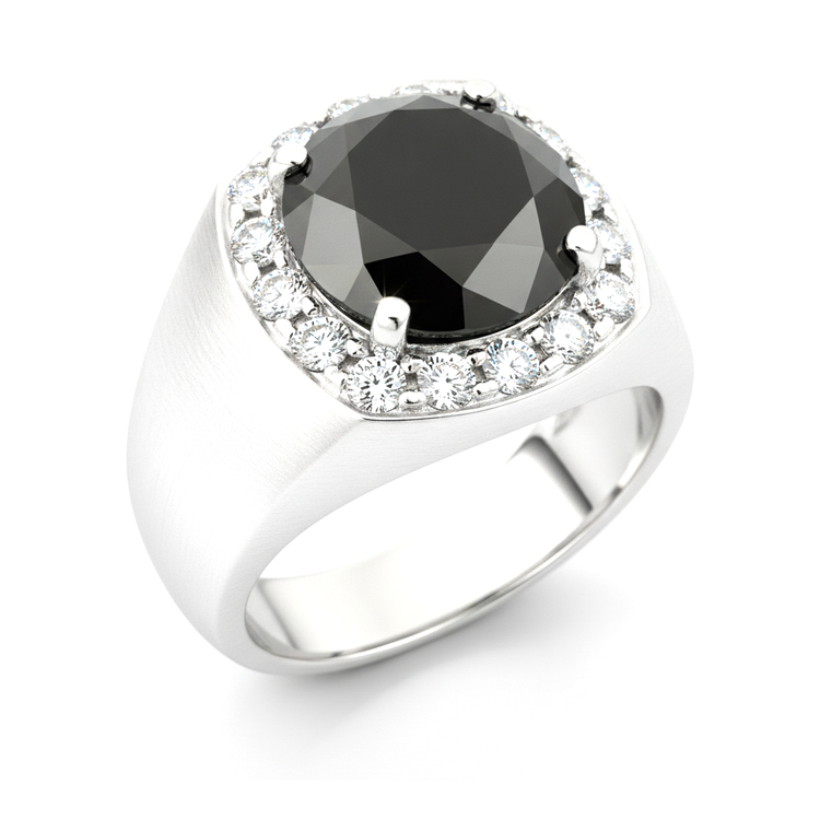 Alliance en Or Blanc 14 carats avec Diamant Noir Naturel Rond Halo 6,75 Carats
