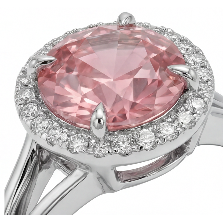 Bague Saphir Padparadscha de laboratoire rond 4,3 carats avec Halo en Or Blanc 14 carats