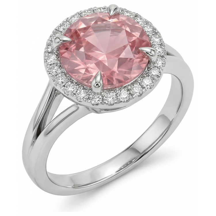 Bague Saphir Padparadscha de laboratoire rond 4,3 carats avec Halo en Or Blanc 14 carats