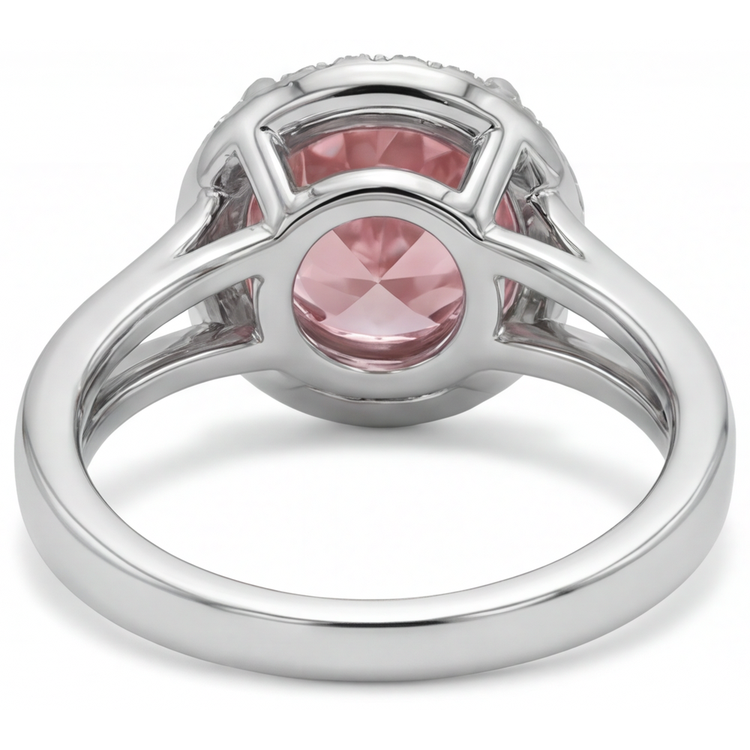 Bague Saphir Padparadscha de laboratoire rond 4,3 carats avec Halo en Or Blanc 14 carats