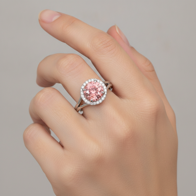 Bague Saphir Padparadscha de laboratoire rond 4,3 carats avec Halo en Or Blanc 14 carats