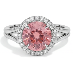 Bague Saphir Padparadscha de laboratoire rond 4,3 carats avec Halo en Or Blanc 14 carats