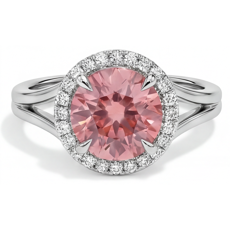 Bague Saphir Padparadscha de laboratoire rond 4,3 carats avec Halo en Or Blanc 14 carats
