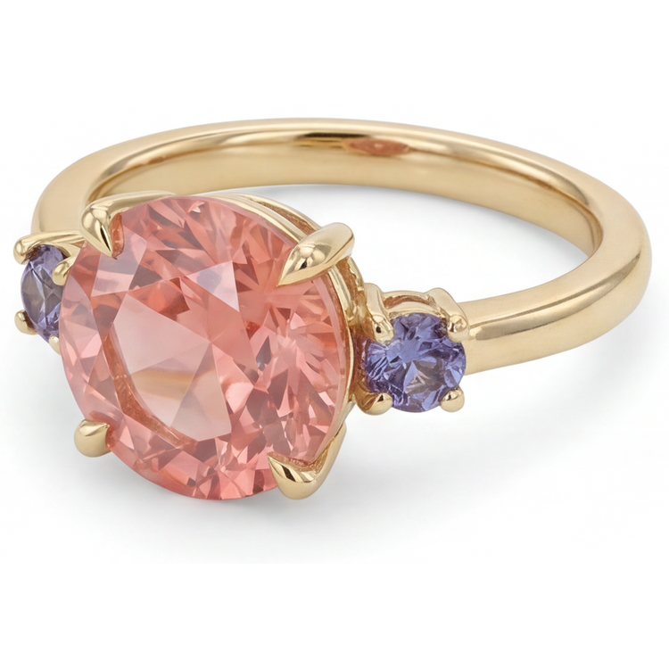 Bague ancienne trois pierres en or jaune 14 carats avec saphir Padparadscha rond de laboratoire de 4,8 carats