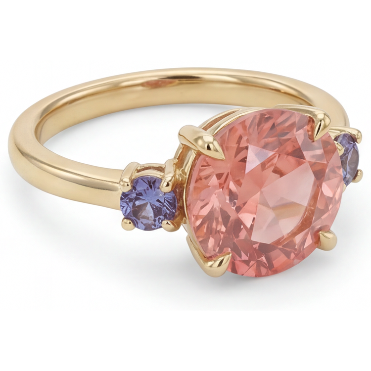 Bague ancienne trois pierres en or jaune 14 carats avec saphir Padparadscha rond de laboratoire de 4,8 carats