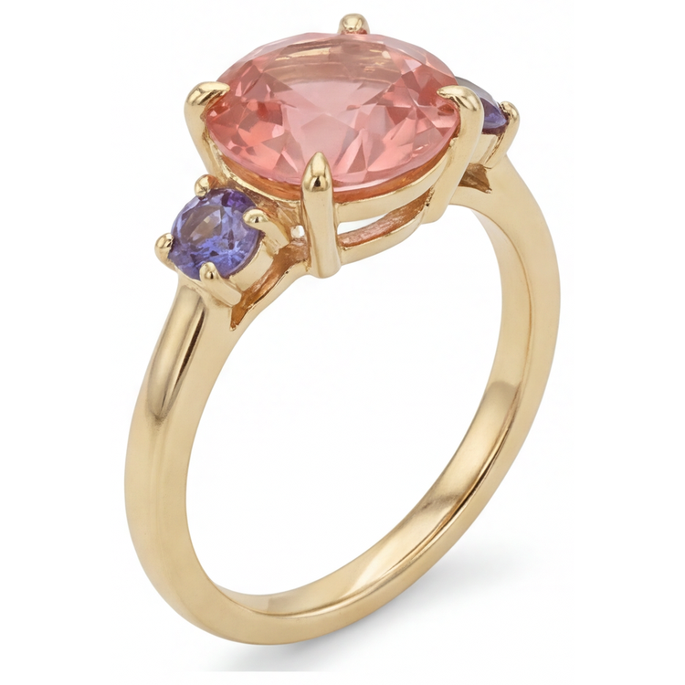 Bague ancienne trois pierres en or jaune 14 carats avec saphir Padparadscha rond de laboratoire de 4,8 carats