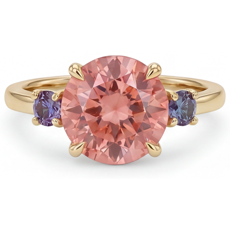 Bague ancienne trois pierres en or jaune 14 carats avec saphir Padparadscha rond de laboratoire de 4,8 carats