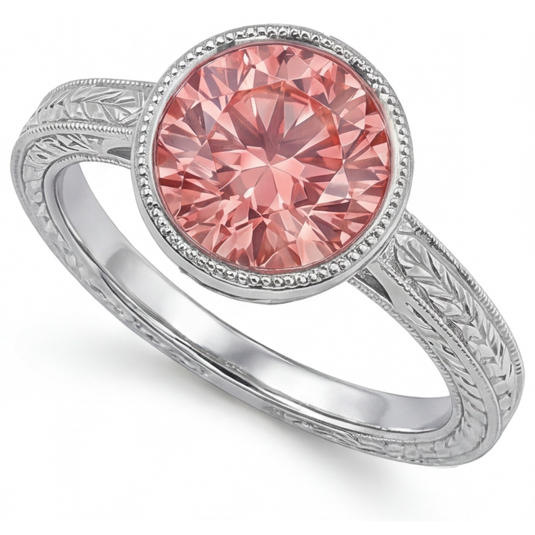 Bague Solitaire Saphir Padparadscha Rond de laboratoire 4 Carats Serti Lunette Or Blanc 14 carats