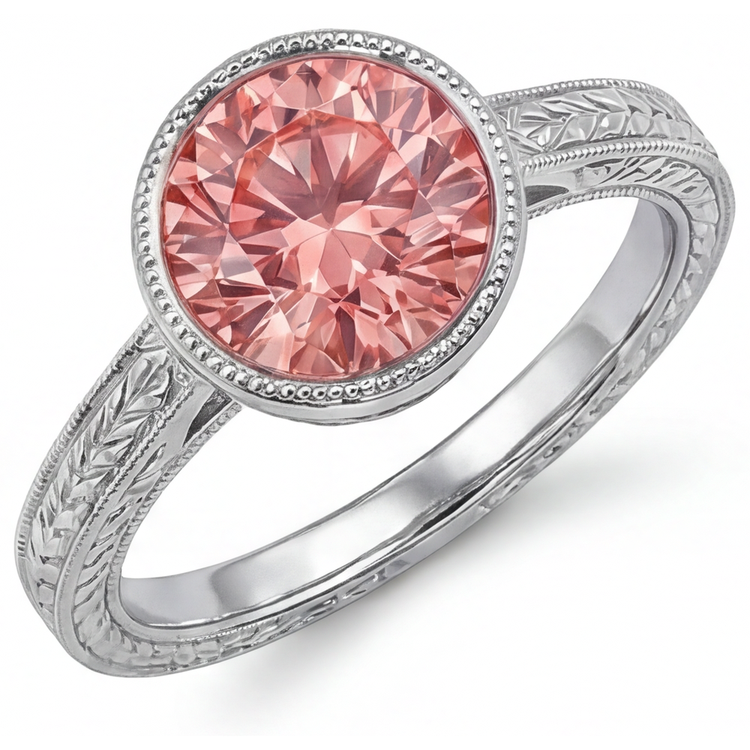 Bague Solitaire Saphir Padparadscha Rond de laboratoire 4 Carats Serti Lunette Or Blanc 14 carats